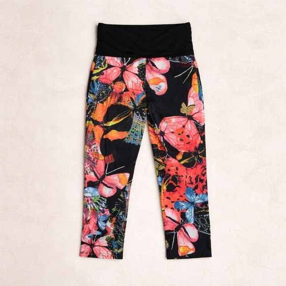 Desigual Butterfly Floral Foldover Waist Cropped Pants EU 34 Black Multicolor - Picture 2 of 13
